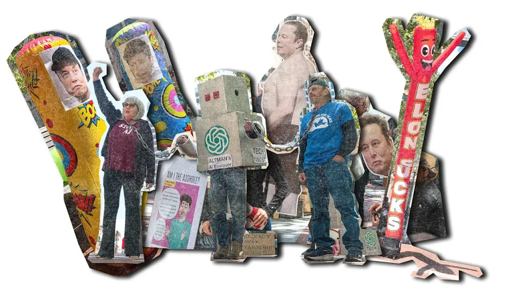 Some fantastically weird protest art is popping up outside the OpenAI trial